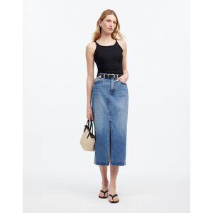 Madewell The Rilee Denim Midi Skirt Straight Cut Front Slit NEW size 27